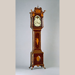 Fig. 16: Tall case clock, ca. 1810, Pulaski Co., VA. Cherry with tulip poplar, oak, walnut, holly, maple, bone, horn, silver, iron, brass, and steel; HOA: 108-1/2”, WOA: 24”, DOA: 15”. Colonial Williamsburg Foundation Acc. 1996-107, A&B, Museum Purchase.