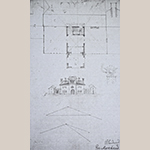 Fig. 6: “Drawing, perspective of Blandwood’s north facade and plan of the first floor” by Alexander Jackson Davis (1803-1892), February 1844, Greensboro and Raleigh, NC. Pencil on paper; WOA: 7-3/8”; HOA: 12-1/4”. Alexander Jackson Davis Papers 1791–1937, Call number MssCol 734, Manuscripts and Archives Division, New York Public Library, Astor, Lenox and Tilden Foundations, New York, NY.