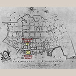 Fig. 16: Locations of Elliott’s Wharf and corner of Elliott and Church streets highlighted on a detail from “Ichnography of Charleston, South Carolina,” published by Edmond Petrie, 1790, London. Ink on paper; HOA: 19-9/32”, WOA: 27-1/2”. Library of Congress, Geography and Map Division, Washington, DC, G3914.C3G475 1788 .P4.