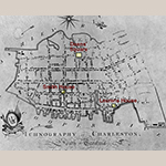 Fig. 23: Location of Deans’ Square and the Benjamin Smith and Henry Laurens houses highlighted on a detail from “Ichnography of Charleston, South Carolina,” published by Edmond Petrie, 1790, London. Ink on paper; HOA: 19-9/32”, WOA: 27-1/2”. Library of Congress, Geography and Map Division, Washington, DC, G3914.C3G475 1788 .P4.