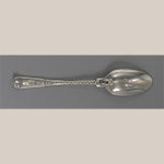 Fig. 7 Back view of silver teaspoon from the set referenced in Figure 6 by James Tookey (fl. 1750—1767); London, England; 1766—1767. LOA 4 7/8”; DOA 7/8”. Courtesy of the Thomas Jefferson Foundation at Monticello, photograph by Ian Atkins, acc. 2001-63-4. James Tookey’s “I * T” mark is visible on the back of this spoon, but no other marks are present.