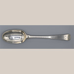 Fig. 14 Silver tablespoon by Elizabeth Tookey (fl. 1767—1773); London, England; 1768/69. LOA 8 ½”; DOA 1 11/16”. Loaned by the Yale University Art Gallery, Gift of de Lancey Kountze, B.A. 1899, photograph by Ian Atkins, acc. 1945-15. Three silver tablespoons, out of what was likely a set of twelve, are known today. Two are at Monticello, with a third in the collection of The White House Historical Association. Elizabeth Tookey’s active dates only reflect the years when her mark has been identified. As with many female silversmiths, much of her work was likely marked with her husband’s stamp, obscuring her actual productivity.