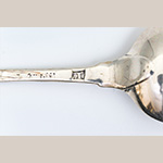 Fig. 16 Silver tablespoon by Elizabeth Tookey (fl. 1767—1773); London, England; 1768/69. LOA 8 3/8”; DOA 1 ¾”. Courtesy of the Thomas Jefferson Foundation at Monticello, photograph by Ian Atkins, acc. 1958-6. Even though repair work on the spoon handle has obscured the English quality mark, town mark, date letter, and part of Elizabeth Tookey’s mark, the pellet is more visible here.