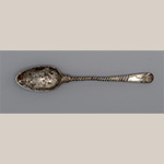 Fig. 29 Silver teaspoon by James Tookey; London, England; 1766—1767. LOA 5”; DOA 15/16”. Courtesy of the Thomas Jefferson Foundation at Monticello, photograph by Ian Atkins, acc. 2017-9. Notwithstanding the erosion on the spoon, the initials “S/B M” remain visible on the flat surface at the terminal, and James Tookey's mark is present on the underside.