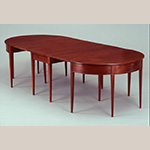 Fig. 8: Three-part Dining Table; Eastern Virginia; c. 1795. Mahogany, tulip poplar (by microanalysis), yellow pine, and oak; HOA 28-1/4”; WOA 47-1/2” x DOA 106-5/8”. The Colonial Williamsburg Foundation. Gift of Mary Douthat Higgins, Acc. 1990-230, A.
