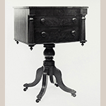 Fig. 14: Sewing table, 1825–1835, Tidewater Virginia. Mahogany with mahogany veneer, yellow pine, tulip poplar, and white pine; HOA: 32-1/4”, WOA: 22-1/2”, DOA: 16-1/8”. Private collection, MESDA Object Database file S-3903.