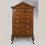 Fig. 3: High chest on frame by William Needham, Shop of Henry Macy and Frederick Fentress, 1810–1820, Guilford Co., NC. Signed "William Needham's Joiner Work." Walnut with tulip poplar; HOA: 79”, WOA: 42-3/4”, DOA: 22-1/2". Private Collection; MESDA Object Database file S-2511.