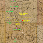 Fig. 5: Detail of map illustrated in Fig. 4 identifying locations of Quaker cabinetmakers in Guilford County and Quaker meeting houses in Guilford and Randolph counties.