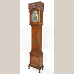 Fig. 16. Tall case clock with case attributed to Jacob Brown and clock works by Benjamin Chandlee Jr., 1760–1775, Chester Co., PA. Walnut with tulip poplar; HOA: 99”, WOA: 21-3/4”, DOA: 12-1/4”. Collection of the Chester County Historical Society, West Chester, PA, Acc. CLX9; Gift of Helen Moore Downing; Photography by Laszlo Bodo.