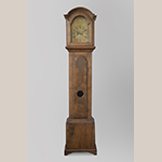 Fig. 31: Tall case clock with case attributed to Henry Macy and works by Thomas Swain, 1797, Guilford Co., NC. Walnut; HOA: 87-1/2”, WOA: 19-5/8”, DOA: 12". Collection of Springfield Monthly Meeting, High Point, NC; MESDA Object Database file D-33230.