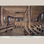 Fig. 39: "Interior of Meeting House at New Garden" by John Collins, 1869. This image depicts the two-story frame meetinghouse completed in 1791. Watercolor and ink on paper. Friends Historical Collection, Guilford College, Greensboro, NC; MESDA Object Database file D-32476.