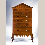 Fig. 41: High chest on frame by Henry Macy, 1800–1820, Guilford Co., NC. Walnut with tulip poplar; HOA: 78-1/2”, WOA: 42-3/4”, DOA: 22-1/2”. MESDA Collection, Acc. 5442; Gift of Dr. Roy E Truslow in memory of his wife Caroline Gray Truslow and her parents Dr. and Mrs. Eugene Price Gray.