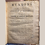 Fig. 1 Title page of "Reasons for Establishing the Colony of Georgia" by Benjamin Martyn (London: Printed for W. Meadows, at the Angel in Cornhill, 1733). Library of Congress Rare Book and Special Collection, F289.M42. Photograph by the author. The title page includes a stamp from the Library of Congress and the date—1867—when it entered the collection.