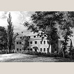 Fig. 25: "Young Ladies Seminary" drawn by Gustavus Grunewald and published by P.S. Duval, ca. 1840, Philadelphia, PA. Ink on paper. Collection of the Wachovia Historical Society / Old Salem Museums & Gardens, Acc. P-323.