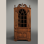 Fig. 4: Corner cupboard attributed to Jacob Clodfelter, ca. 1795, Davidson Co., NC. Walnut with walnut and yellow pine; HOA: 94", WOA: 35-1/2", DOA: 15-1/8”. MESDA Collection, Acc. 3576, Gift of Mr. and Mrs. James W. Douglas.