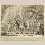 Fig. 12: Occonostota (spelled “Onaconoa” in this print; also known as Cunne Shote;) is shown to the far right. Attakullakulla (spelled “Ouka Ulah”) is portrayed to the far left. “Cherokee Indians” engraved by Isaac Basire after a painting by Markham, 1740-1760, London, England. Ink on paper; HOA: 21”, WOA: 24-3/4”. Collection of the Museum of Early Southern Decorative Arts (MESDA), Gift of Frank L. Horton, Acc. 2472.