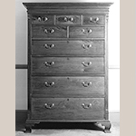Fig. 27: Tall chest of drawers attributed to Christopher Fry and Jacob Martin, 1775-1785, Winchester, Virginia or Frederick County, Virginia. Walnut with yellow pine and tulip poplar; HOA: 66-1/4”, WOA: 46”, DOA: 23”. Private collection, MESDA Research File 10,711.