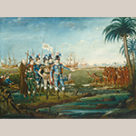 Fig. 21: “First Landing of/CR. Columbus at the/Island of St. Salvador South/America the 11th October” by Frederick Kemmelmeyer (w.1788-1816); circa 1805-1806. Signed “Kemmelmeyer Pinxit the [illegible] January 180[5 or 6].” Oil on canvas; HOA: 27-5/8”, WOA: 36-7/16”. Collection of the National Gallery of Art, Washington, D.C., gift of Edgar William and Bernice Chrysler Garbisch, acc. no. 1966.13.3. 