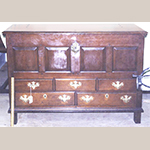 Fig. 23: Chest-over-drawers, 1746, London Grove Township, Chester Co., PA. Made for Robert and Ann Lamborn; brasses replaced, escutcheon plate appears original. Walnut with white oak, white cedar, and holly; HOA: 33-3/4”, WOA: 48-3/4”, DOA: 21-1/4”. Collection of the Germantown Historical Society / Historic Germantown, Philadelphia, PA.