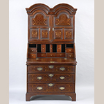 Fig. 28: Desk and bookcase, 1725–1740, Nottingham area, Chester Co., PA. Cherry with chestnut, tulip poplar, oak, white pine, walnut, and holly; HOA: 76”, WOA: 37-3/4”, DOA: 21-1/2”. Rocky Hill Collection, Photograph courtesy of the Winterthur Museum.