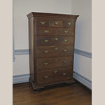 Fig. 30: High chest of drawers, 1780–1800, Frederick Co., VA. The feet are replacements, probably based on the originals in the Nottingham style. Walnut with tulip poplar and possibly chestnut; HOA: 68-1/2”, WOA: 48-1/2”, DOA: 21-1/2”. Collection of the Winchester-Frederick County Historical Society, Acc. 1998.005.013, Winchester, VA. Photograph by the author.