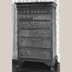 Fig. 31: High chest of drawers, 1760–1790, Winchester Co. or Frederick Co., VA. History of descent in the Willis-Russell family; the Willises and Russells were Quakers in the 18th century. Walnut with yellow pine and tulip poplar; HOA: 65-3/4”, WOA: 40”, DOA: 22-5/8”. Private collection, MESDA Object Database file S-10684.