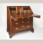 Fig. 35: Desk, 1770–1800, Octoraro Area, Chester Co., PA. Walnut with oak, chestnut, and tulip poplar; HOA: 47”, WOA: 43”, DOA: 22-7/8”. Collection of the Chester County Historical Society, Acc. FD8, West Chester, PA. Gift of Francis D. and Deborah H. Brinton. Photograph by Laszlo Bodo.