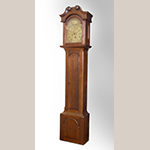 Fig. 40: Tall case clock with works by Goldsmith Chandlee (1751–1821), 1782–1800, Winchester or Frederick Co., VA. Walnut with yellow pine, iron, brass, and steel; HOA: 91-3/4”, WOA: 20-3/4”, DOA: 10-7/8”. Private collection. Photograph by Gary Albert.