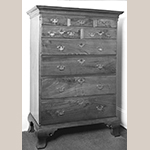 Fig. 48: High chest of drawers, 1760–1780, Frederick Co., VA or Pennsylvania. This chest has a purchase history in Winchester in the early 1900s. Walnut with poplar; HOA: 61-3/8”, WOA: 42-5/8”, DOA: 22-1/2”. Private collection, MESDA Object Database file S-10773.