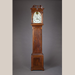 Fig. 50: Tall case clock with works by Goldsmith Chandlee (1751–1821) and case by Jonathan Ross (1748–1832), 1787, Winchester or Frederick Co., VA. Walnut with yellow pine, iron, brass, and steel; HOA: 90-1/2”, WOA: 18”, DOA: 10-1/4”. Collection of the Museum of the Shenandoah Valley, Acc. 2010.0012. Donated in memory of Rezin Edward Pidgeon (1897–1984). Photograph by Ron Blunt.