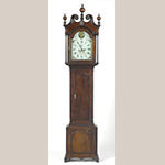 Fig. 60: Tall case clock with works by Isaac Chandlee (1760–1813) and Ellis Chandlee (1755–1816) and case attributed to Jacob Brown (d.1802), ca.1795, Cecil Co., MD. Walnut with tulip poplar, iron, brass, and steel; HOA: 98”. Private collection. Photograph courtesy Philip Bradley Antiques, Downingtown, PA.