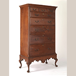 Fig. 66: High chest-on-frame by Samuel Morris (d.c.1809), 1793, Logtown, Chester Co., PA. Inscribed on back of a drawer: “Samuel Morris / Joiner of Logtown / 8 mo 5 1793.” Walnut with tulip poplar; HOA: 74-3/4”, WOA: 38”, DOA: 21-1/5”. Collection of the Winterthur Museum, Acc. 2007.0017. Museum purchase with funds provided by the Henry Francis du Pont Collectors Circle.