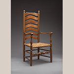 Fig. 75: Armchair attributed to Thomas Fawcett (d.1747) or Richard Fawcett (d.1789), 1743–1753, Frederick Co., VA. The rear posts were raised in the 20th century; the rush seat is a replacement. Maple with ash (or possibly hickory) and rush; HOA: 48-1/2”, WOA: 23-1/2”, DOA: 19”. Collection of the Museum of the Shenandoah Valley, Julian Wood Glass Jr. Collection, Acc. 1152. Photograph by Ron Blunt.