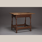 Fig. 87: Stretcher table attributed to a member of the Fawcett family, possibly Richard Fawcett (d.1789) or John Fawcett Sr. (1716–1786), 1740–1760, Frederick Co., VA. HOA: 29”, WOA: 26-1/2”, DOA (frame at top): 16”, DOA (frame at base): 20”. Walnut; dimension not recorded. Collection of Hopewell-Centre Meeting, Winchester, VA. Photograph by Ron Blunt.