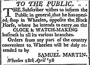 Fig. 22: Samuel Martin advertisement, "Herald of Liberty" (Washington Borough, PA), 28 April 1798.
