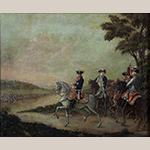 Fig. 1: “Frederick II Reviewing the Troops at Potsdam” attributed to Frederick Kemmelmeyer (w.1788-1816); Baltimore, MD; circa 1788-1799. Oil on paper on canvas; HOA: 15”, WOA: 16”. Private collection. MESDA Research File NN-1220.