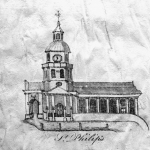 Fig. 2: St. Philip’s Church (1723-1835), attributed to Thomas You; Charleston, SC; 1766-1800. Ink on silk; HOA: 3-3/4”, WOA 3-7/8”. Private collection; MESDA Research File (hereafter MRF) 8194.