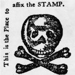 Fig. 4: Faux duty stamp printed in a 1765 issue of the Pennsylvania Journal and Weekly Advertiser; unknown artist; Philadelphia, PA.