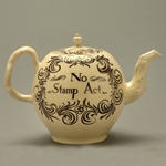 Fig. 5: "No Stamp Act" teapot; unknown maker; Engand; c. 1765. Creamware; HOA: 5". Collection of the Smithsonian Institution, acc. 2007-11593.