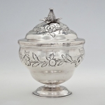 Fig. 11: Covered sugar bowl marked by Thomas You, Charleston, SC, 1753-65; silver; HOA 6-1/8”, DIA 4-1/2”. MESDA Acc. 2506.