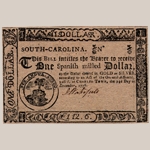 Fig. 17: South Carolina currency ($1) with engraving by Thomas You; Charleston, SC; 1776. Ink on paper. Private collection.