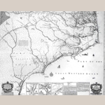 Fig. 4: "A New and Correct Map of the Province of North Carolina By Edward Moseley, late Surveyor General of the said Province 1733"; engraved by John Cowley; London, England; 1736. Ink on paper; HOA: 45-1/4", WOA: 57-1/8". Collection of East Carolina University; #MC0017, Manuscripts and Rare Books Department, J. Y. Joyner Library, East Carolina University, Greenville, North Carolina, USA.