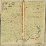 Fig. 10: Manuscript map of lands in North Carolina petitioned for on behalf of Henry McCulloh attributed to the shop of John Cowley; London, England; 1736. Collection of The National Archives of the UK, Kew, England, ref MPG1/268.