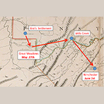 Fig. 20: Christopher Gist’s movements in the Spring of 1754 (image created by the author over the January 1755 [State 3] Fry and Jefferson map [Figure 13]).